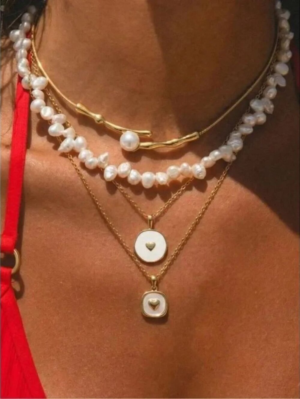 Gold and White Pearl Layered Necklace Set - Women Jewelry R 617